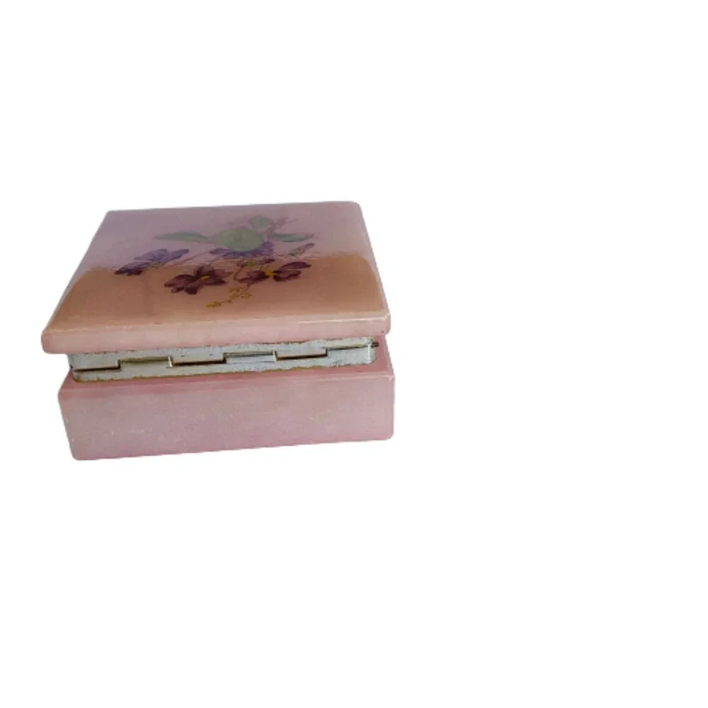 Alabaster Pink Trinket Box Violet Floral Hinged Lid Hand Carved Italy